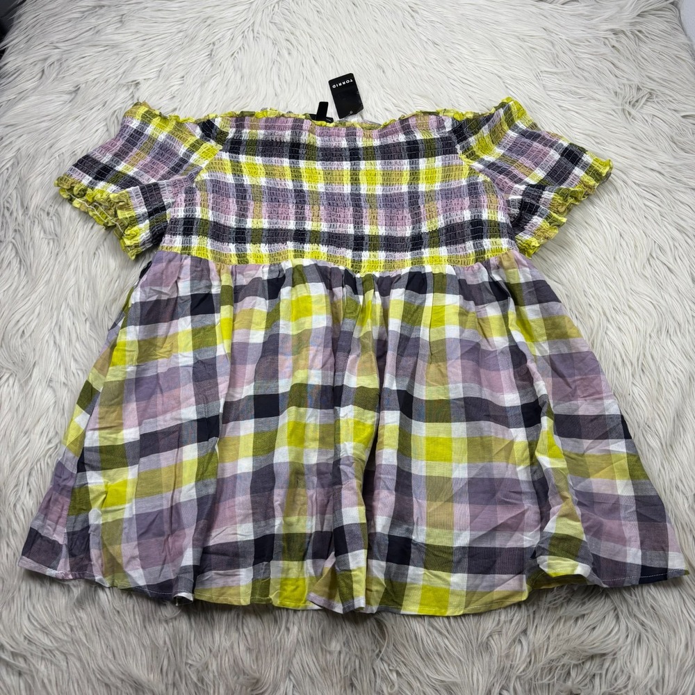 NWT Torrid Women's 4X Off The Shoulder Smocked Babydoll Top Plaid Cottagecore
